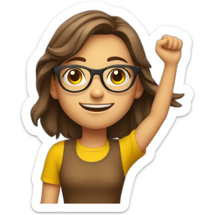 european girl with glasses, yellow t-shirt and brown hair celebrating arms up sticker