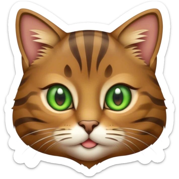 Cinematic Cute Brown Tabby Cat Portrait Emoji, Head tilted playfully and inquisitively, soft brown fur with rich dark tabby stripes and a distinctive M-shaped marking on the forehead, wide, sparkling golden-green eyes filled with curiosity, Simplified yet irresistibly adorable features, highly detailed, glowing with a warm, friendly glow, high shine, affectionate and lively, stylized with a touch of whimsy, bright and endearing, soft glowing outline, capturing the essence of a mischievous yet loving kitten, so playful it feels like it could pounce out of the screen and into your arms! sticker