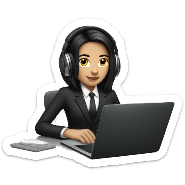 white girl with black hair working on laptop with headphones AND A TUXEO SUIT sticker