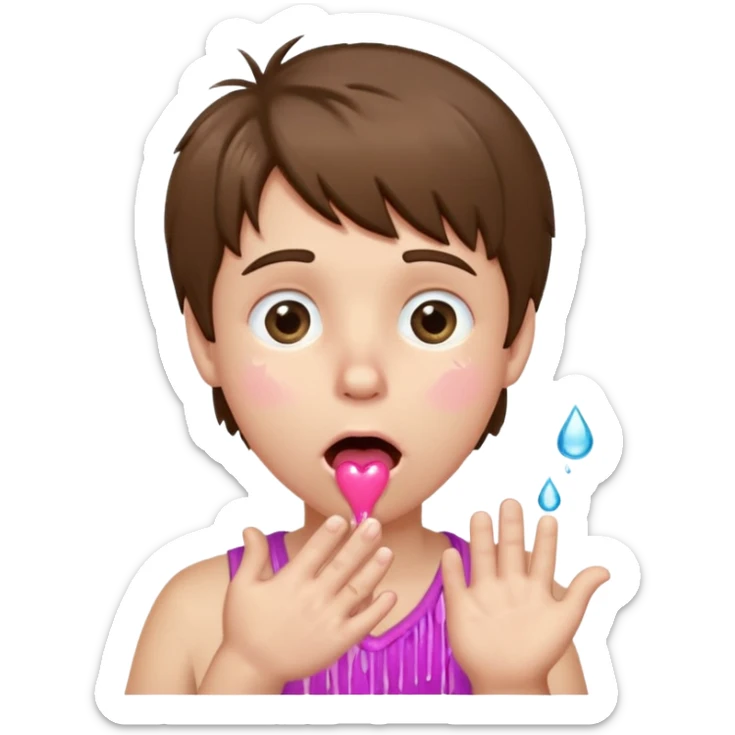 Pale Boy with shaggy brown hair, pink heart shaped eyes looking up , mouth open , water drop dripping from lips, hand touching cheek sticker