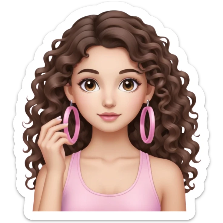 cute balayage brunette long hair curly/wavy haired girl, hoop earrings, clean girl makeup DOING pilates with a cute pastel pink set sticker
