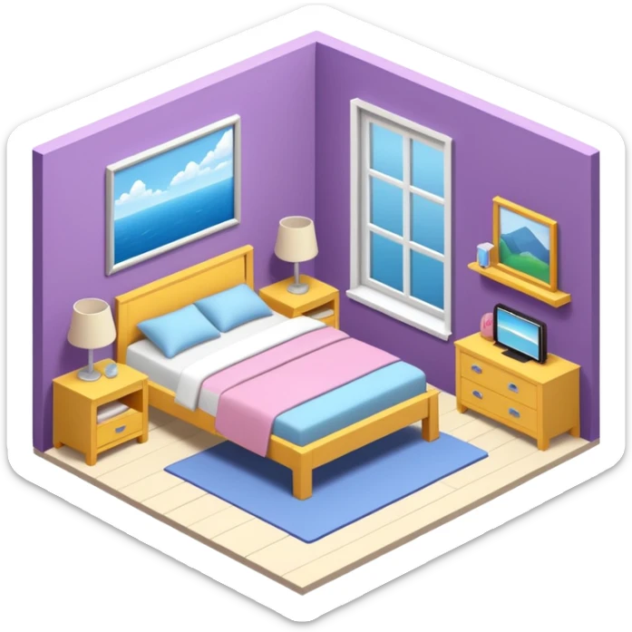 13 year old girls ultra realistic, ultra detailed large 3D view of bedroom, interior isometric sticker