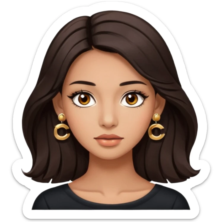 girl with brown asian eyes, long eyelashes, layerd mid length hair dark brown, tanned skin with Chanel earrings  sticker