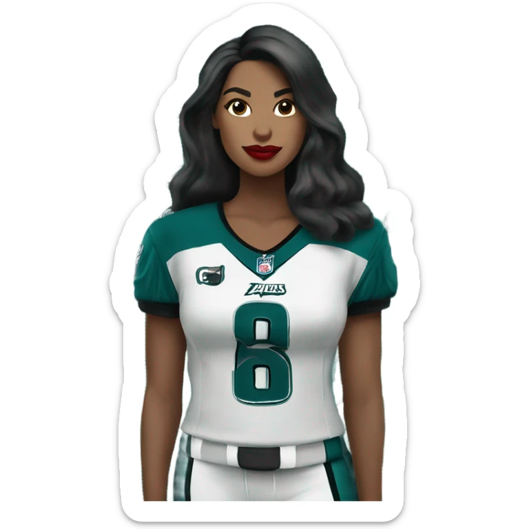 White female long dark hair red lips wearing Philadelphia Eagles jersey sticker