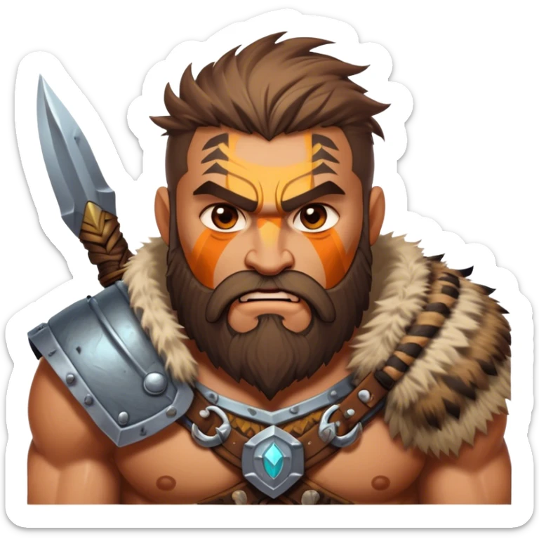 Clash of Clans style: Cinematic Rugged Barbarian Portrait Emoji, Intense and formidable with a stylized build, a rugged beard and expressive eyes, adorned in playful, battle-worn furs and cartoonish armor with tribal markings, Simplified yet powerfully detailed features, highly detailed, glowing with a deep, adventurous energy, high shine, spirited and determined, stylized with an air of raw, untamed power, soft glowing outline, capturing the essence of a barbarian warrior ready to lead epic quests! sticker