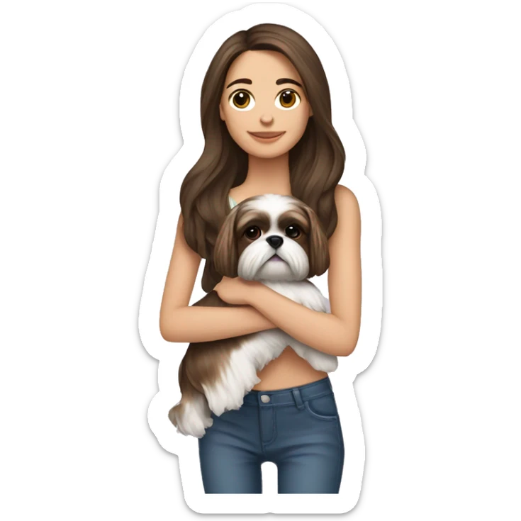 Young brunette hair woman with a shih tzu in her arms long hair sticker