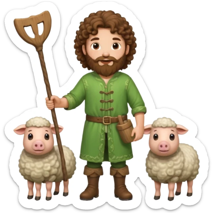 happy young shepard with long curly brown beard and long curly brown hair, in green magical outfit, with wooden shepard stick in hands, taking care of sheep and pigs sticker