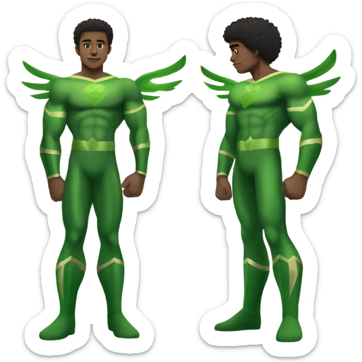 A full body Muscular Afro teenage boy standing in green superhero costume as the Sub Mariner or Prince Namor with “wings on each ankle. sticker