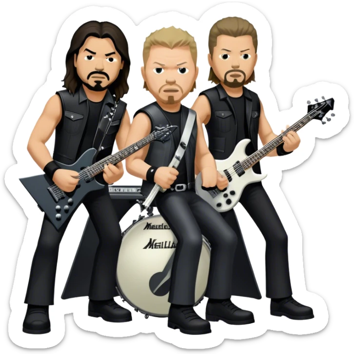 Icon for Metal Music: Metallica four band members detailed in their signature look. James Hetfield with guitar, Lars Ulrich on drums, Kirk Hammett with his electric guitar, and Robert Trujillo playing bass. Bold, energetic style, all in a heavy metal aesthetic. Transparent background. sticker