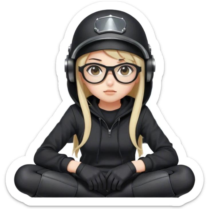 Anime girl in a black hoodie, wearing a military helmet with a built-in microphone, black glasses, and thigh-high stockings, sitting at high-tech controls with a focused expression sticker
