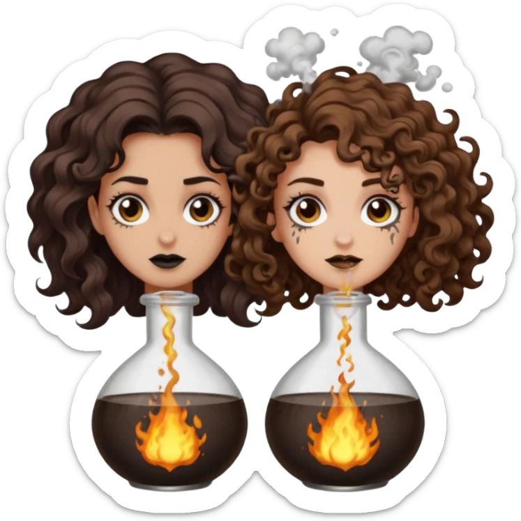 alchemy accident — long wavy brown hair tattooed woman and short tight curly brown hair woman — potion explosion soot faces sticker