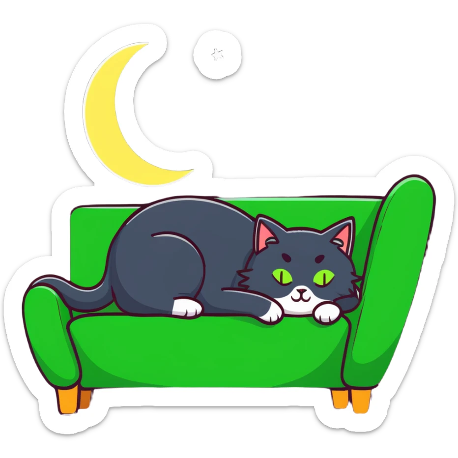 tricolor fluffy cat with big green eyes sleeping on a sofa with a moon above her sticker