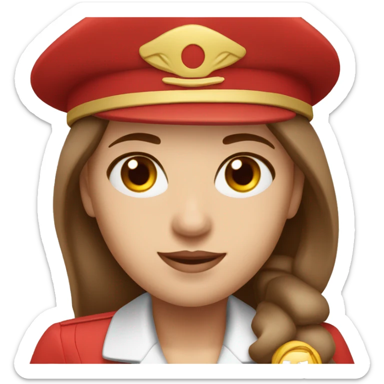 A white stewardess with long brown hair and brown eyes in a red uniform and a red beret sticker