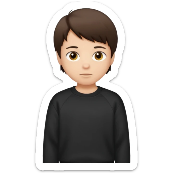 A brunette boy, short straight hair, light brown eyes, with a black sweatshirt sticker