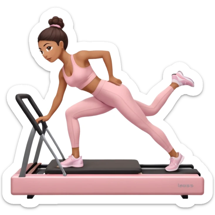 Mixed-race athletic woman with caramel skin, wearing pastel pink sports bra and leggings, doing Pilates on a reformer machine sticker