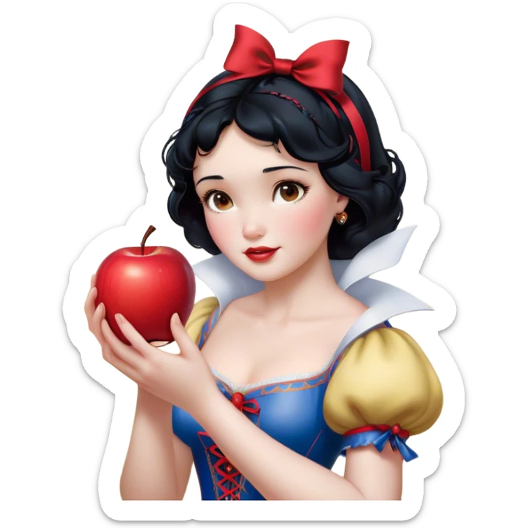 Cinematic Realistic Snow White Portrait, depicted with lifelike skin texture, soft natural lighting, and intricately detailed black hair styled with a red ribbon. Her soft brown eyes radiate innocence and kindness, complemented by a warm, gentle smile. She holds an apple in one hand, her other hand resting against her cheek, embodying her purity and charm. She is dressed in her classic yellow, blue, and red gown, the fabric rich in texture with delicate folds that catch the light beautifully. The portrait features a soft, natural glow with a radiant finish, capturing the essence of timeless beauty in a realistic and painterly style. sticker