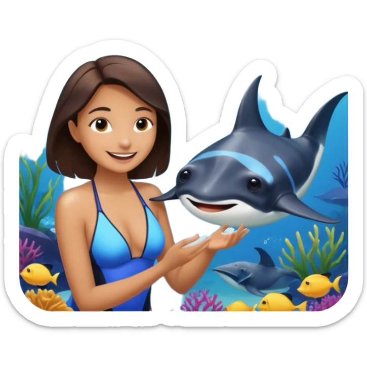 une personne qui est devant un aquarium où on peut carresser un raies menta sticker