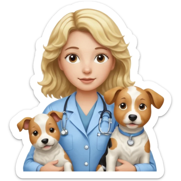 Joven mujer, de cabello bajo los hombros rubio con ondas, veterinaria de perros, vacas y caballos, con traje clínico celeste, sin delantal sticker