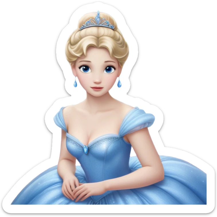 Cinematic Realistic Cinderella Portrait, depicted with lifelike skin texture, subtle rosy undertones, and soft natural lighting that enhances the gentle contours of her face. Her intricately detailed golden blonde hair is elegantly styled in an updo, with delicate wisps framing her face. Her deep, expressive blue eyes radiate warmth and sincerity, reflecting a quiet resilience and grace. She holds a glass slipper gently in one hand, her other hand resting gracefully at her side, emphasizing the timeless beauty of the moment. She is dressed in her iconic ball gown, the fabric shimmering with intricate embroidery and fine translucent layers that catch the light beautifully. The soft sheen of satin gloves adds a magical touch to her graceful pose. The portrait features an enchanting glow with a natural, luminous finish, seamlessly blending realism and fairytale charm to evoke a sense of depth, elegance, and timeless beauty. sticker