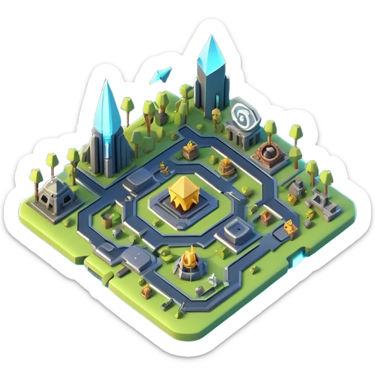 Clash of Clans aesthetic: Cinematic Playful 3D Isometric Holographic Map Emoji, rendered in a 3D vector-style similar to standard emojis with minimal shading and bold, simplified shapes. A compact, distinct form with signature details, softly glowing with a futuristic sci-fi warfare charm. Simplified yet unmistakably iconic, highly detailed and consistent, glowing with a soft radiance and high shine. Stylized with a touch of high-tech brilliance and a soft glowing outline, capturing the essence of a beloved gaming relic with a friendly, playful manner! sticker