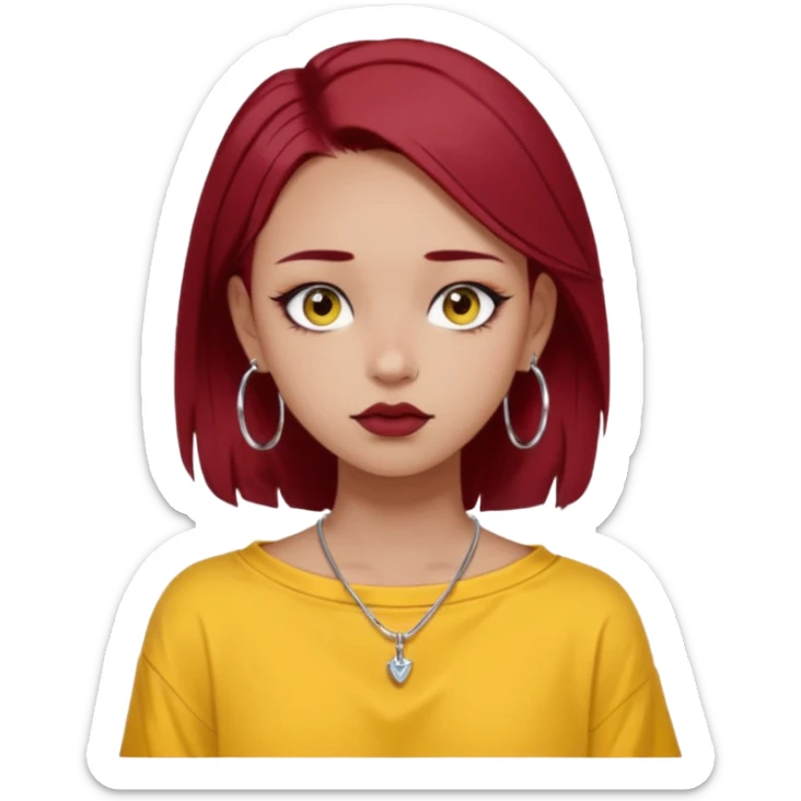 generate a pretty bratz girl with dark brown eyes. Dark red hair straight long. wearing a yellow oversized tee falling off her shoulder, dainty silver necklace, silver hoops, septum piercings. big eyeliner sticker