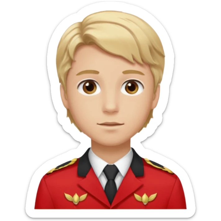 SARI SAÇLI SAÇININ YARISI SOLA DOĞRU DİĞERİNİN SAĞ TARAFTA AMA DÜZ DURAN KAHVERENGİ GÖZLÜ UZUN KİRPİKLİ BUĞDAY RENKLİ KIRMIZI ÜNİFORMALI BİR ERKEK ÇOCUK sticker