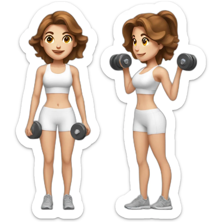 White beautiful fitness women with brown hair with dumbbells in their hands sticker