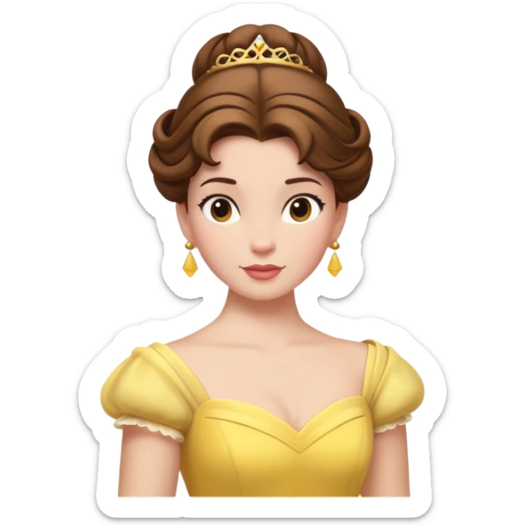 Belle princess from hips up, yellow ballgown, brown hair in updo, minimal style but clearly recognizable sticker