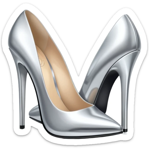 A pair of high heel shoes emoji made of polished silver chrome, elegant sharp silhouette, smooth metallic surface, glossy reflections, luxury sexy vibe, minimalistic iOS emoji style, centered, clean white background sticker