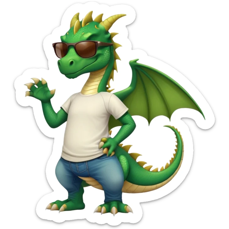 friendly anthropomorphised green dragon in a sports t-shirt and jeans with dark sunglasses, relaxed pose sticker