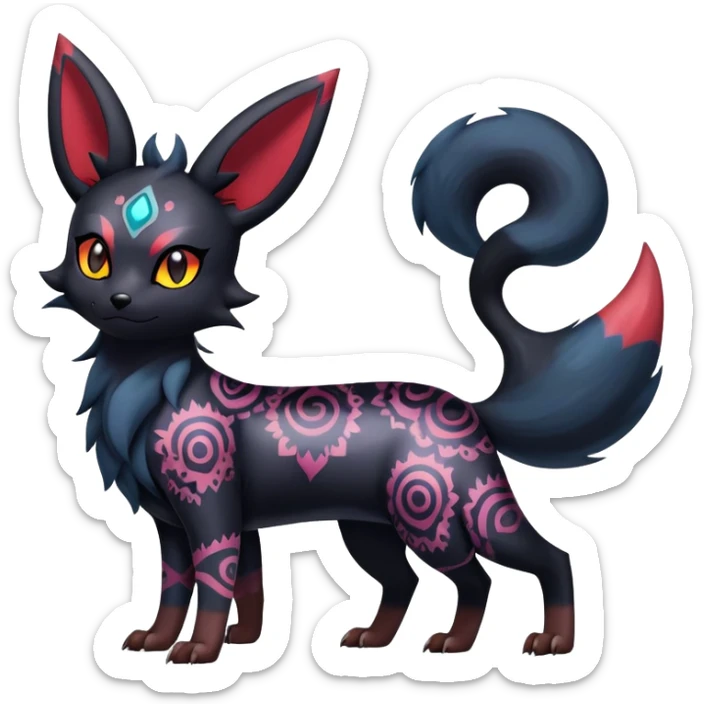 Shiny Exotic Badass Colorful Ethereal Royal Mysterious Gothic Umbreon-Zorua-Litten-Noibat-Pokémon-Fakémon-hybrid-creature (full body) with random pattern-markings sticker