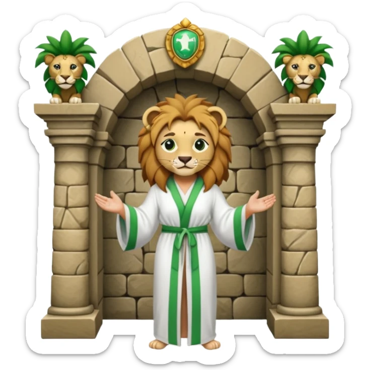 Un drapeau  avec 2 bande verte qui et une bande blanche au milieu avec une femme avec 1 lion de chaque coter d’elle sous un arc en pierre  sticker
