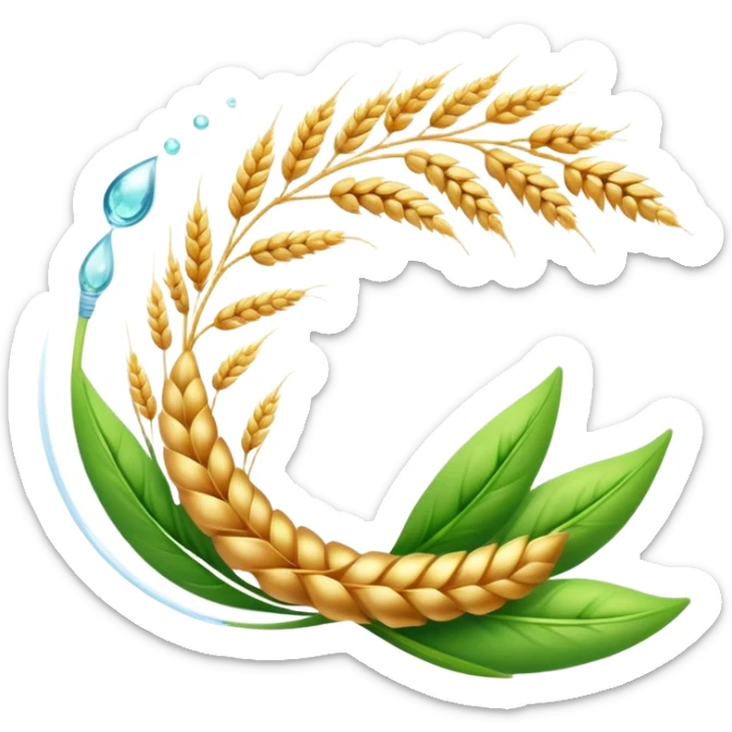 Golden wheat ear floating next to green leaves, surrounding an ethereal digestive system in a spiral form. Small cleansing sparkles flow like a river of light, clearing paths and creating internal lightness. The scene shows fiber's cleansing effect on the digestive tract. sticker