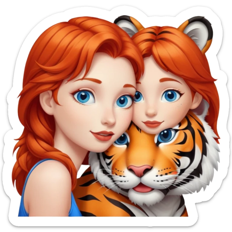 blue eyed redhead girl kisses happy tiger sticker