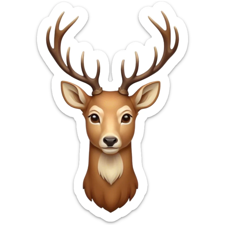 Cinematic Noble Deer Portrait Emoji, Poised and regal, with a graceful, slender build and a dappled coat of warm browns and creams, elegant antlers crowning its head, deep-set soulful gentle eyes, Simplified yet sharp and sophisticated features, highly detailed, glowing with a soft, dignified glow, high shine, intelligent and serene, stylized with an air of forest majesty, focused and attentive, soft glowing outline, capturing the essence of a watchful woodland guardian, so majestic it feels as though it could gracefully leap out of the screen with effortless authority! sticker