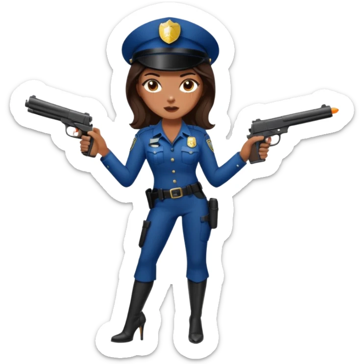 A sexy girl. with caramel skin. Dark brown hair and brown eyes. She has freckles. Wearing sexy makeup. Dressed as a sexy cop. Wearing heels. Holding a gun sticker