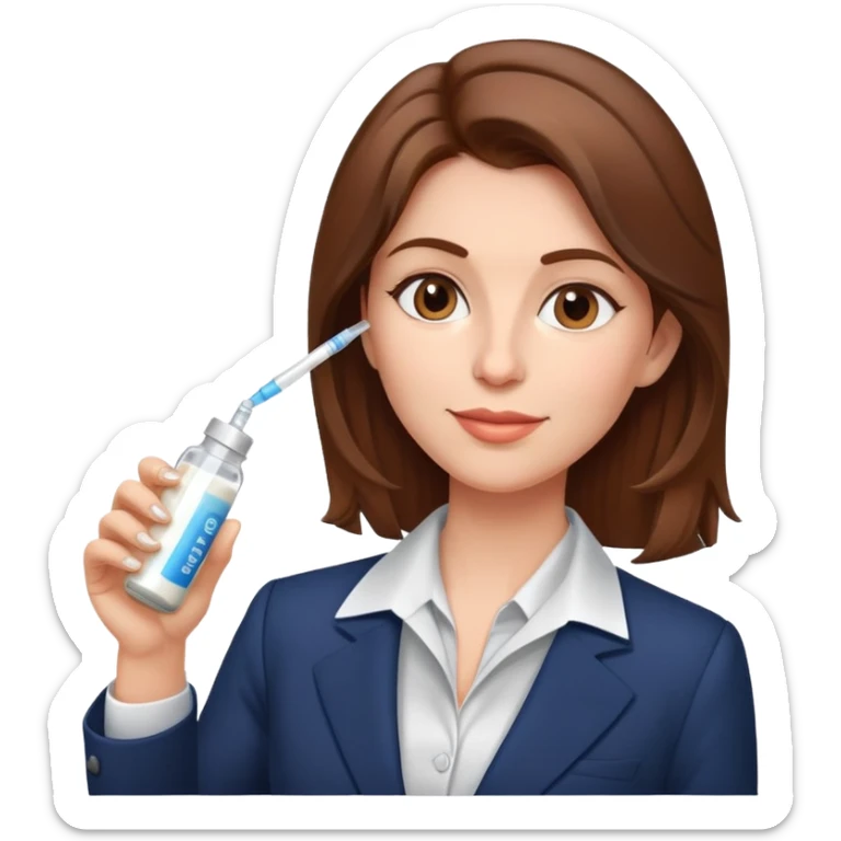 Mom with brown hair in business suit drinking milk and holding a vaccine syringe sticker