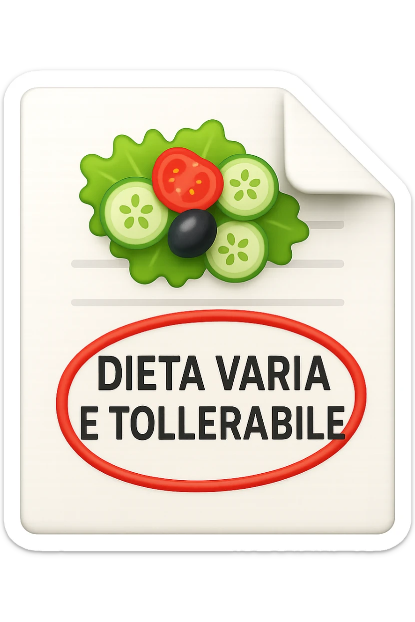 emoji stile iphone di un foglio con un insalata disegnata sopra e la scritta "DIETA VARIA E TOLLERABILE" CERCHIATA IN ROSSO, iperrealistico 4k, isolato su sfondo bianco sticker