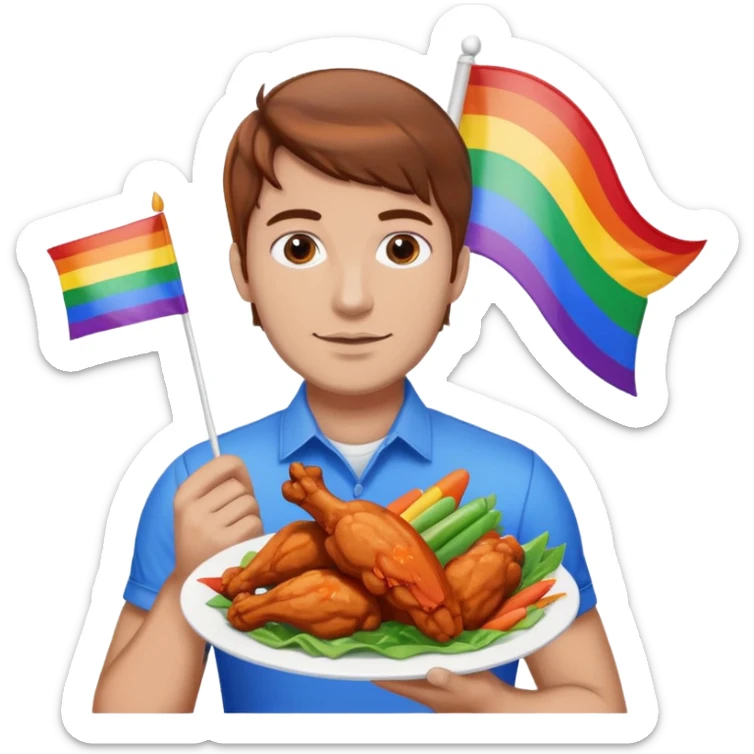 Guy with brown hair holding buffalo chicken wings and a gay pride flag sticker