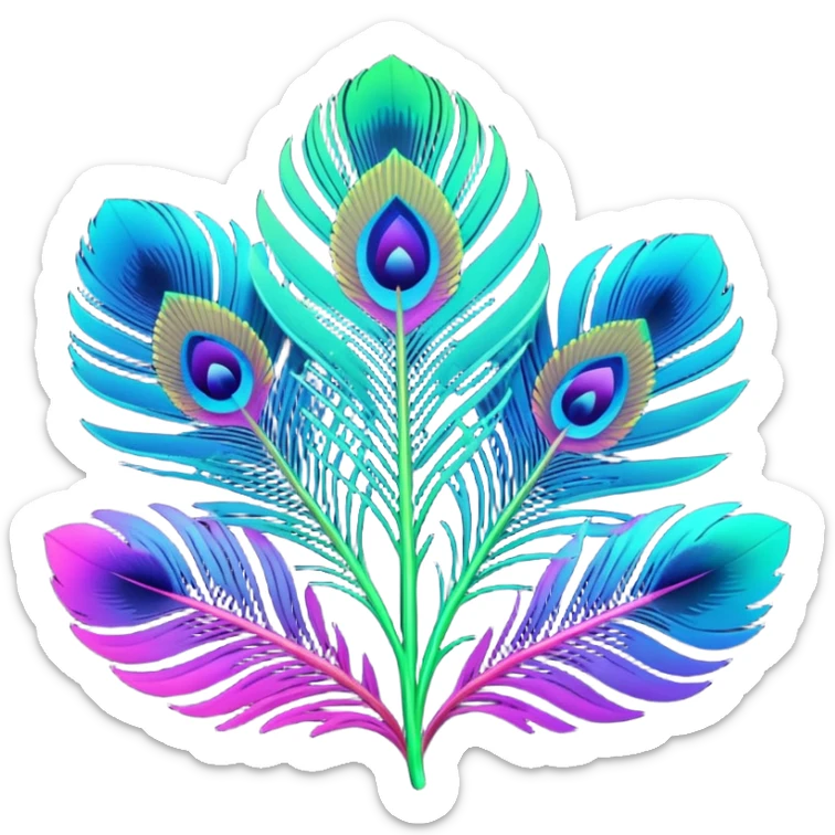  Peacock Begonia feathers in neon futuristic colors, 3D rendering, detailed, isolated, close up view sticker
