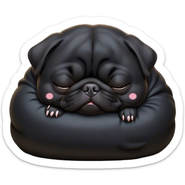 Cinematic Meme-Worthy Chubby Sleeping Black Pug Portrait Emoji, Head resting peacefully with a contented smile, showcasing a delightfully chubby build and a luxuriously soft black coat, eyes shut in a serene nap, Simplified yet hilariously adorable features, highly detailed, glowing with a soft, drowsy light, high shine, relaxed and utterly lovable, stylized with an air of playful laziness, bright and heartwarming, soft glowing outline, capturing the essence of a comically sleepy companion, so meme-worthy it feels like it could instantly become the next viral sensation of adorable slumber! sticker