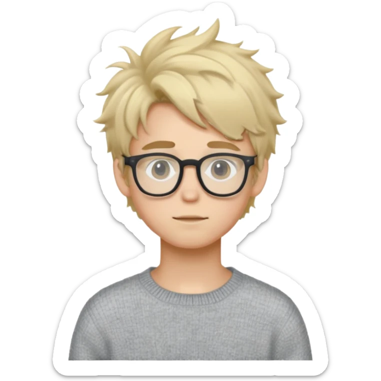 Twink with blonde messy hair and glasses, white skin and a grey sweater sticker