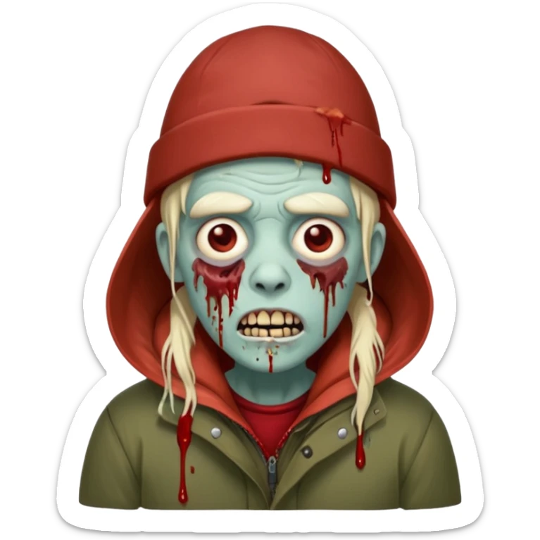 Local alaskan who has turned it zombies in the style of the walking dead, with rotting flesh and dripping blood but distinctively Alaskan. In the style of your bleeding skull art but Alaskan zombie. sticker