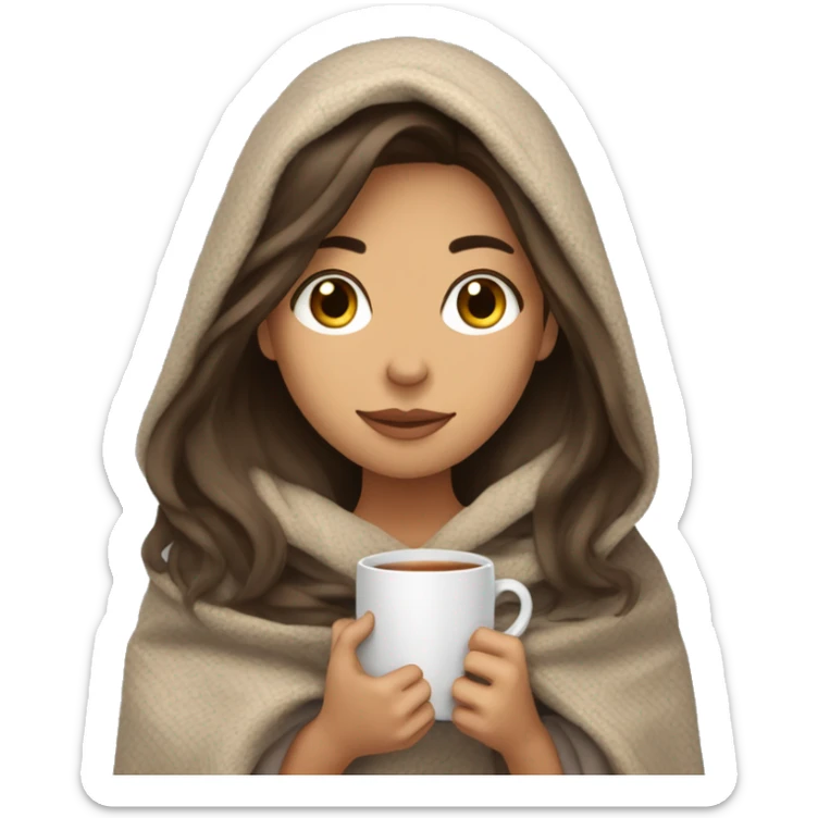 brunnette girl with long hair snuggled up in a blanket and holding a hot tea in her hands  sticker