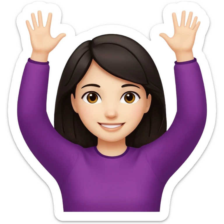 Girl with dark hair holding arms up like ‘oh well’ or ‘I don’t know’ while smiling  sticker