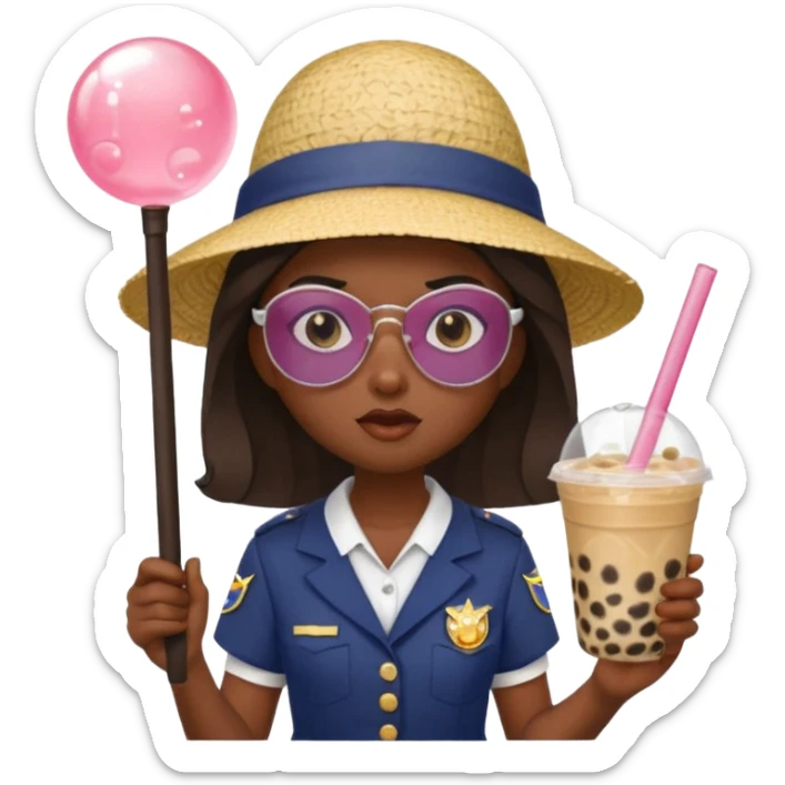 A Angry Teen Female with Dark skin and Bald, oval face, wearing a Uniform outfit, a Sunhat, Sunglasses, carrying a Enchanted staff, working as a teacher, while drinking Bubble tea and reading a Comic.
 sticker