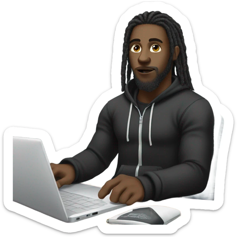 Black-guy-with-dreads-wearing-black-trackstuit-sitting-down-on-chair facing-foward-focused-on-laptop-computer- sticker