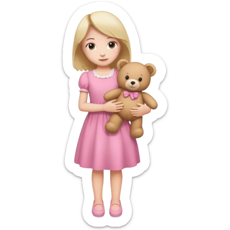 kid Girl in pink dress holding teddy bear, full body sticker
