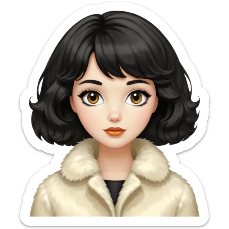 Alluring 1960's mod French girl french shiny black wavy textured bob haircut tousled hair wearing cream fur coat sticker