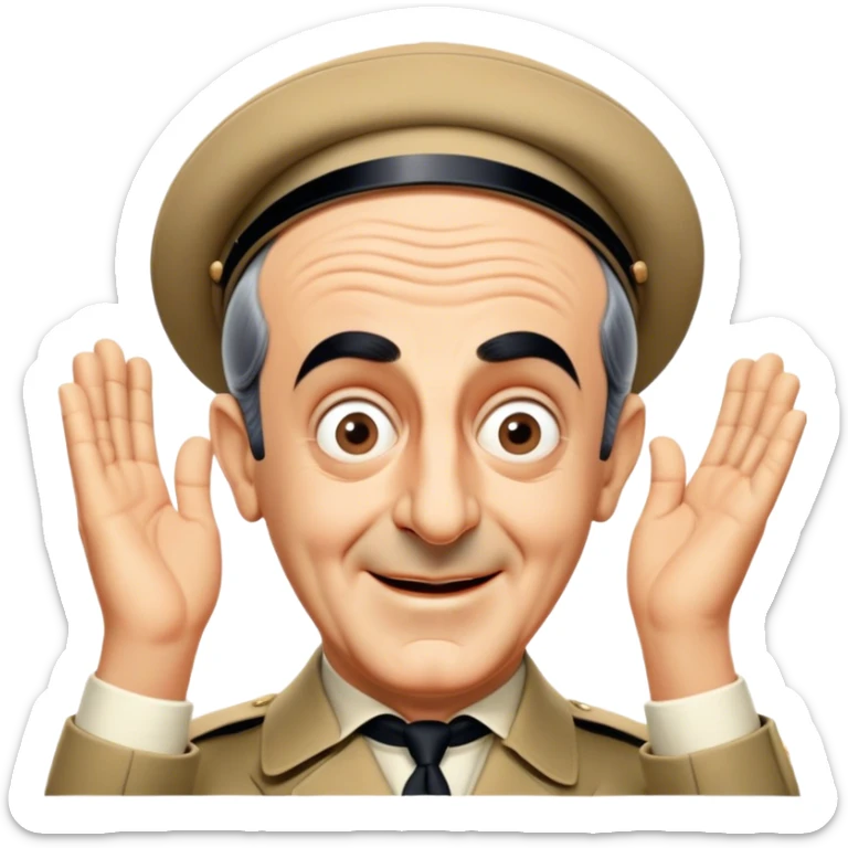 Icon for Comedy Movie: A vintage movie poster-style design with a humorous scene—Louis de Funès in his iconic comedic pose, exaggerated facial expression, and wide-open eyes. Include a slapstick element like falling over or interacting with a funny prop. Retro cinematic feel. Transparent background. sticker